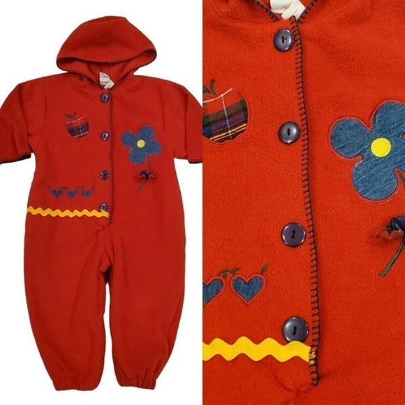 Vintage 90s Baby Girl Red Fleece Hooded Bunt Suit Warm Outfit Jumpsuit Sz‎ 24 M